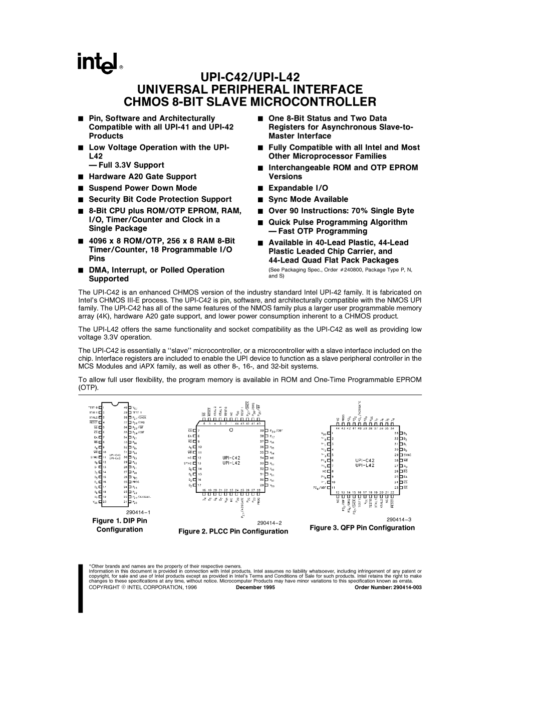 Intel UPI-C42, UPI-L42 specifications DIP Pin, Configuration 