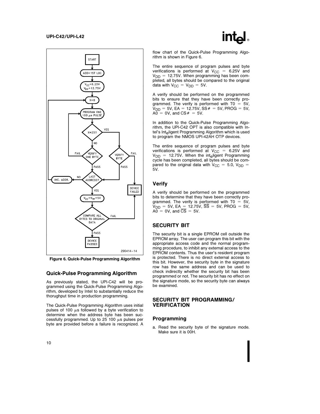 Intel UPI-L42, UPI-C42 specifications Quick-Pulse Programming Algorithm, Verify, Security BIT PROGRAMMING/ Verification 