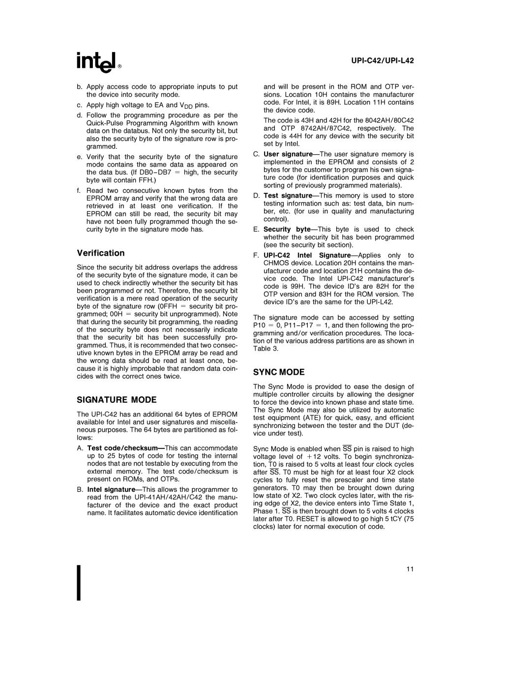 Intel UPI-C42, UPI-L42 specifications Verification, Signature Mode, Sync Mode 