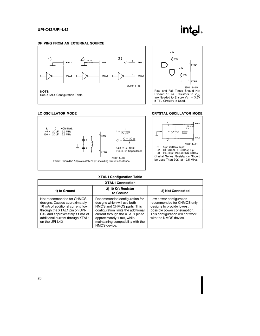 Intel UPI-L42, UPI-C42 specifications Driving from AN External Source, LC Oscillator Mode Crystal Oscillator Mode 