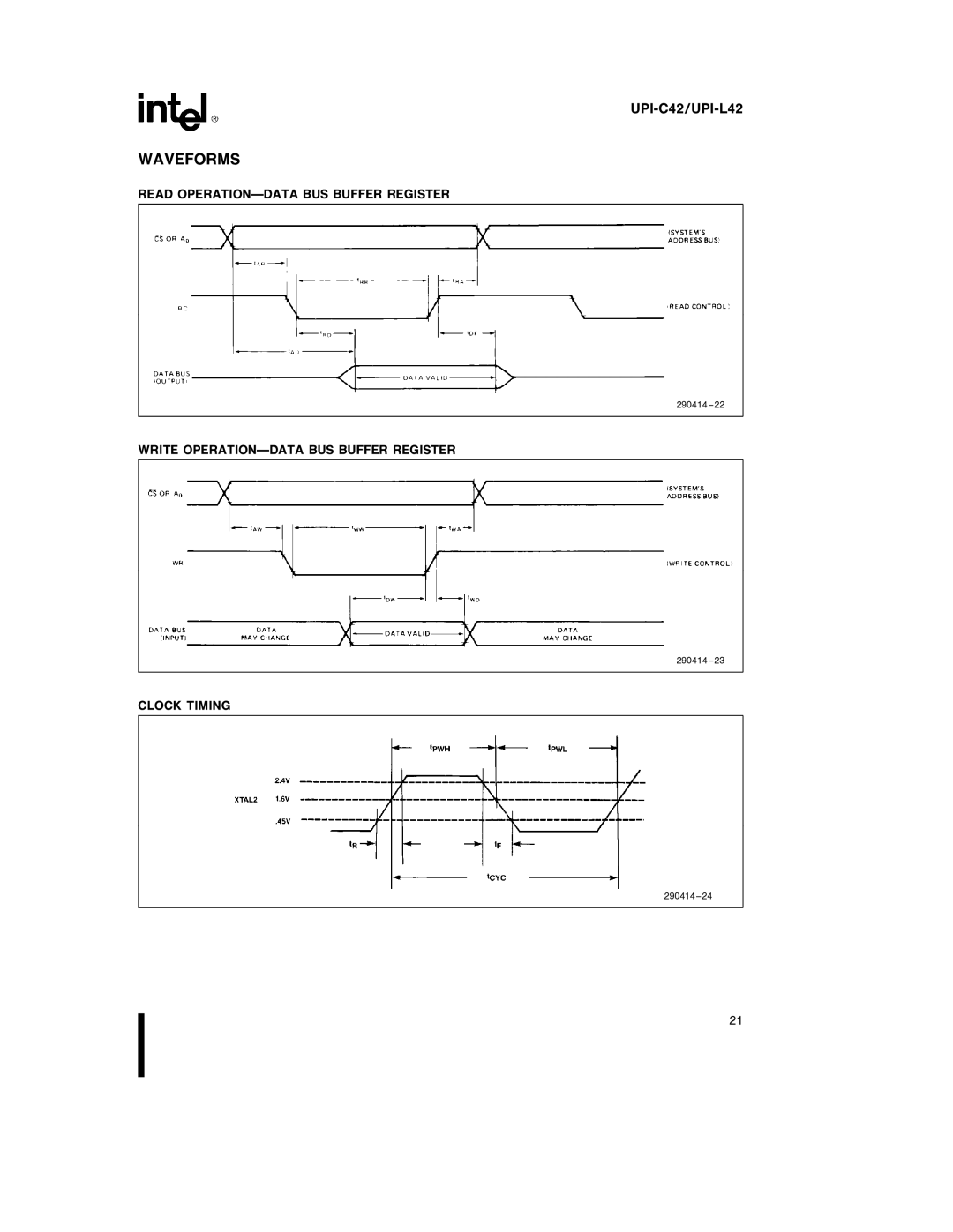 Intel UPI-C42 Waveforms, Read OPERATION-DATA BUS Buffer Register, Write OPERATION-DATA BUS Buffer Register, Clock Timing 