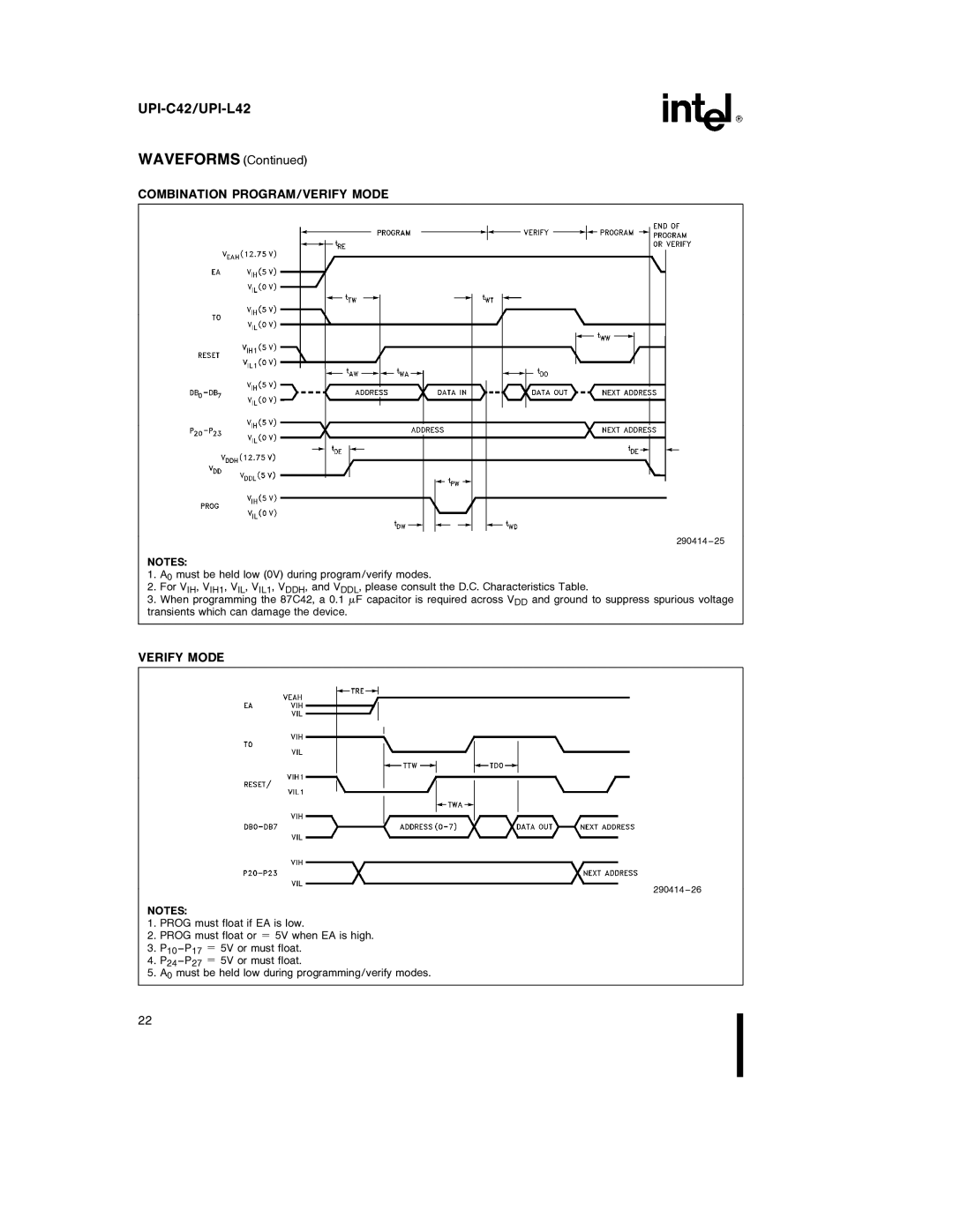 Intel UPI-L42, UPI-C42 specifications Waveforms, Combination PROGRAM/VERIFY Mode, Verify Mode 