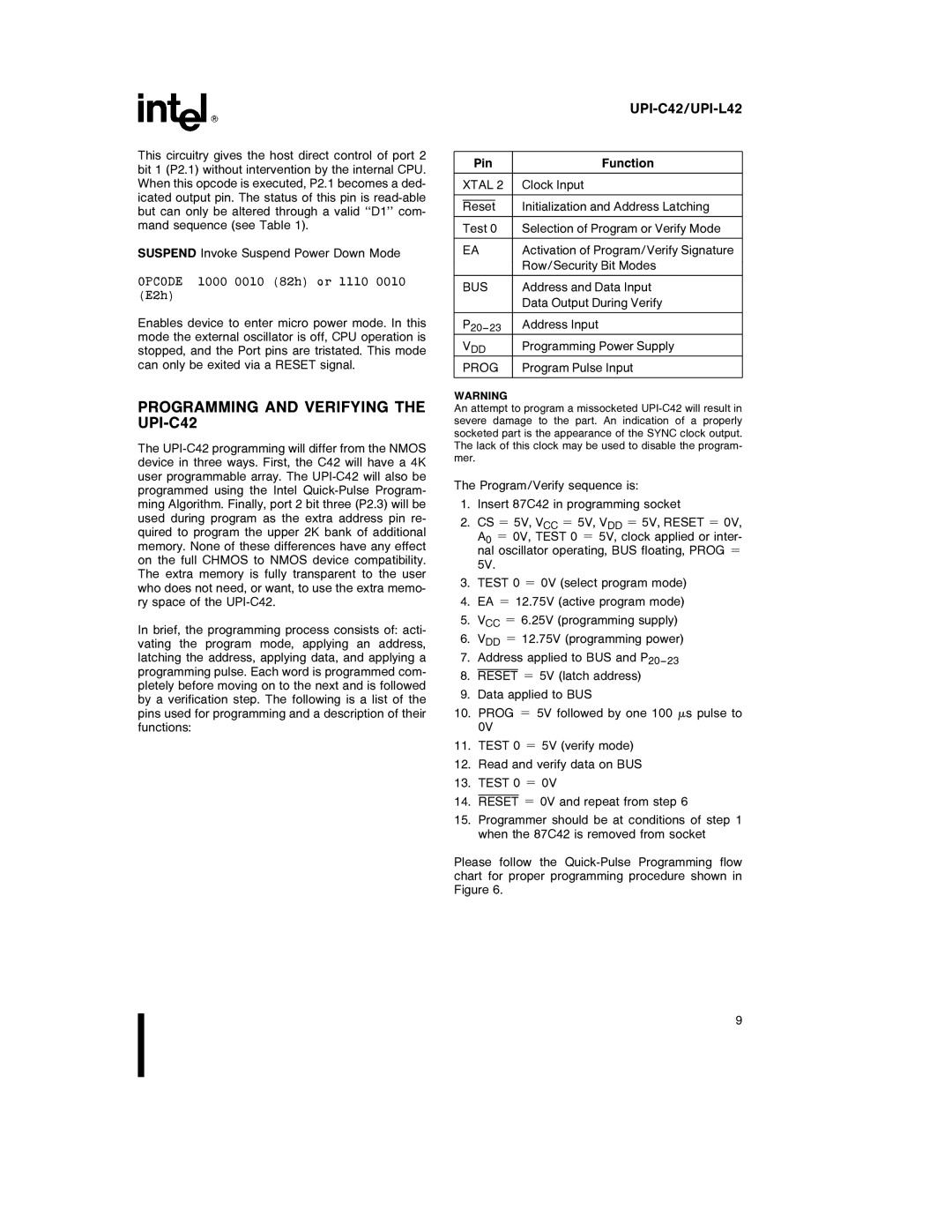 Intel UPI-L42 specifications Programming and Verifying the UPI-C42, Xtal, Bus 