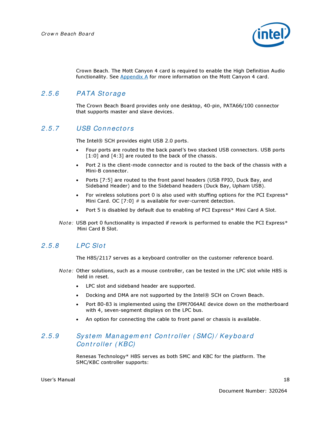 Intel US15W user manual Pata Storage, USB Connectors, LPC Slot, System Management Controller SMC/Keyboard Controller KBC 