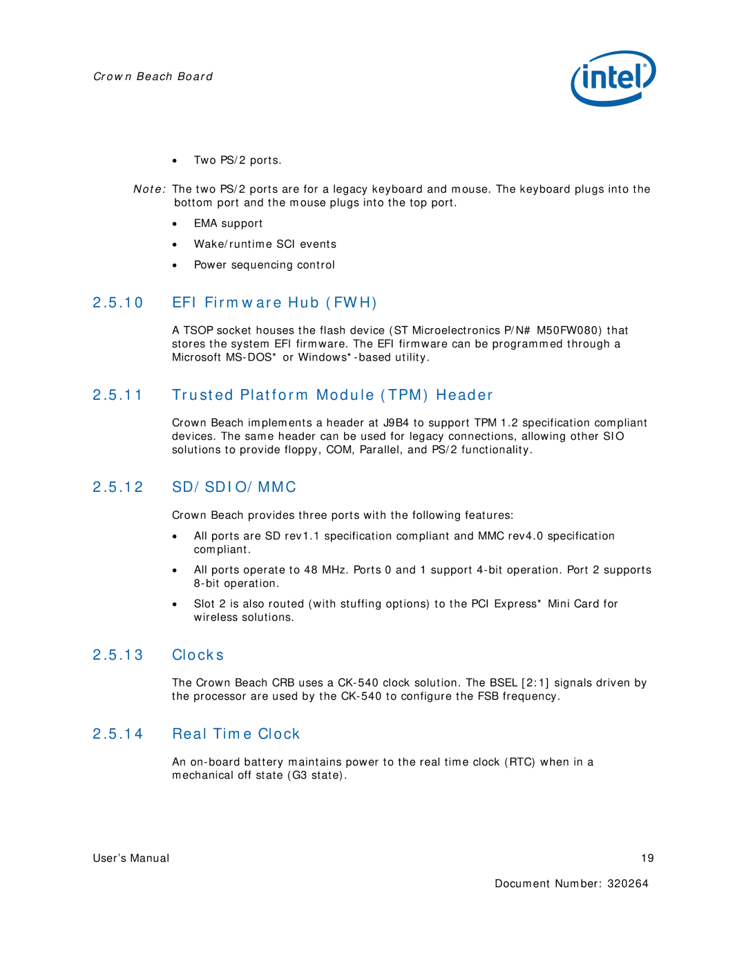 Intel US15W user manual EFI Firmware Hub FWH, Trusted Platform Module TPM Header, 12 SD/SDIO/MMC, Clocks, Real Time Clock 