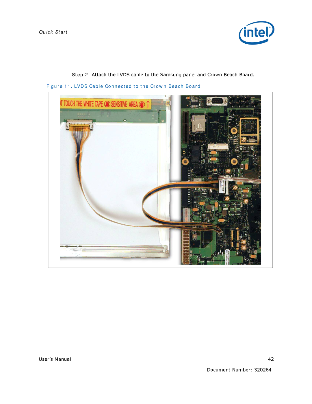 Intel US15W user manual Lvds Cable Connected to the Crown Beach Board 