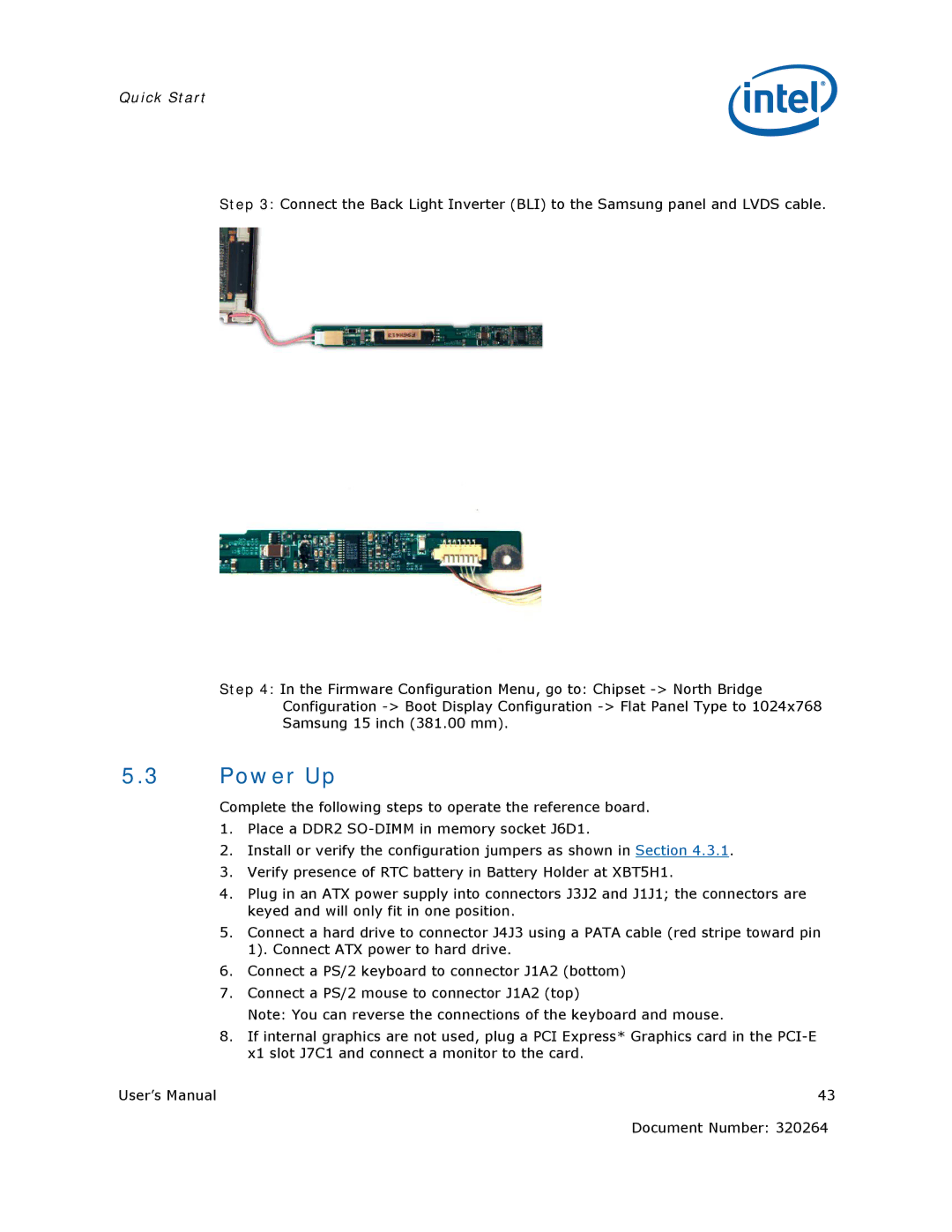 Intel US15W user manual Power Up 