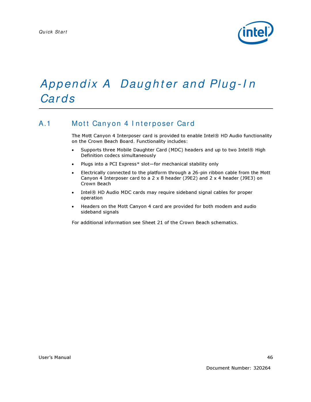 Intel US15W user manual Appendix a Daughter and Plug-In Cards, Mott Canyon 4 Interposer Card 