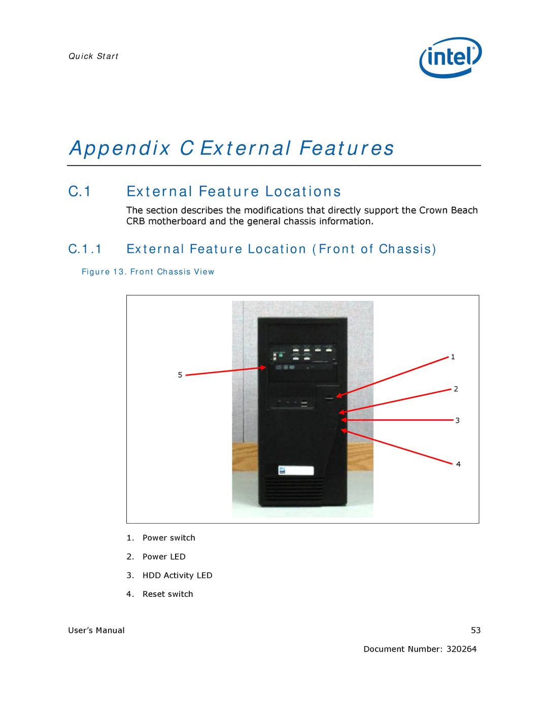 Intel US15W user manual Appendix C External Features, External Feature Location Front of Chassis 