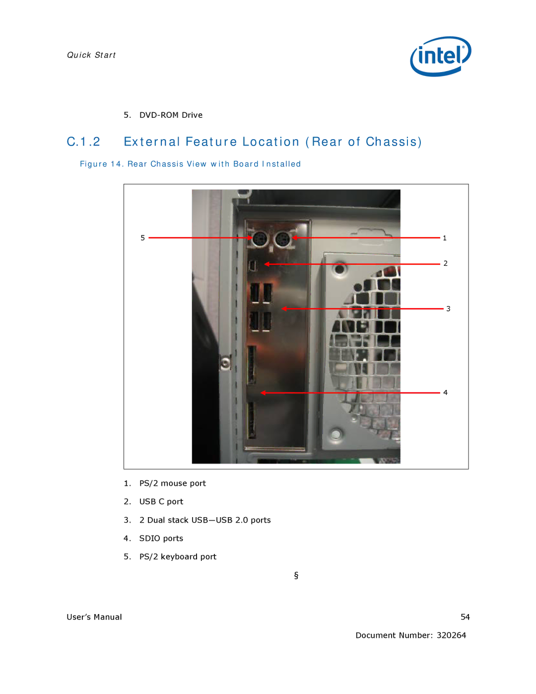 Intel US15W user manual External Feature Location Rear of Chassis, Rear Chassis View with Board Installed 