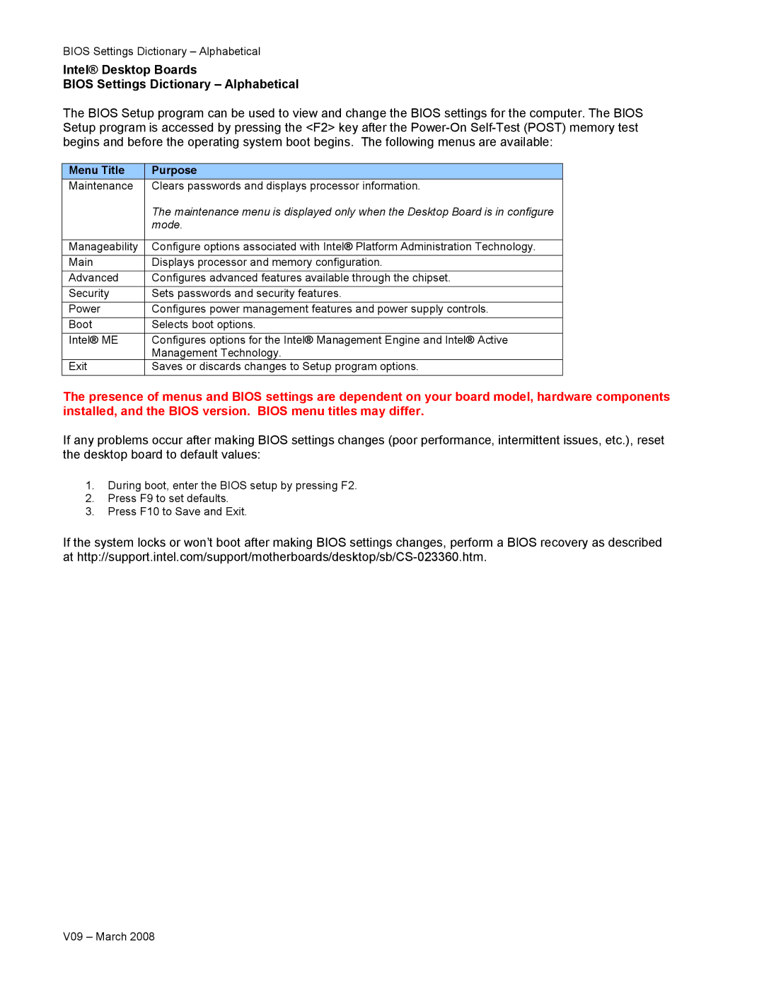 Intel V09 manual Bios Settings Dictionary Alphabetical 