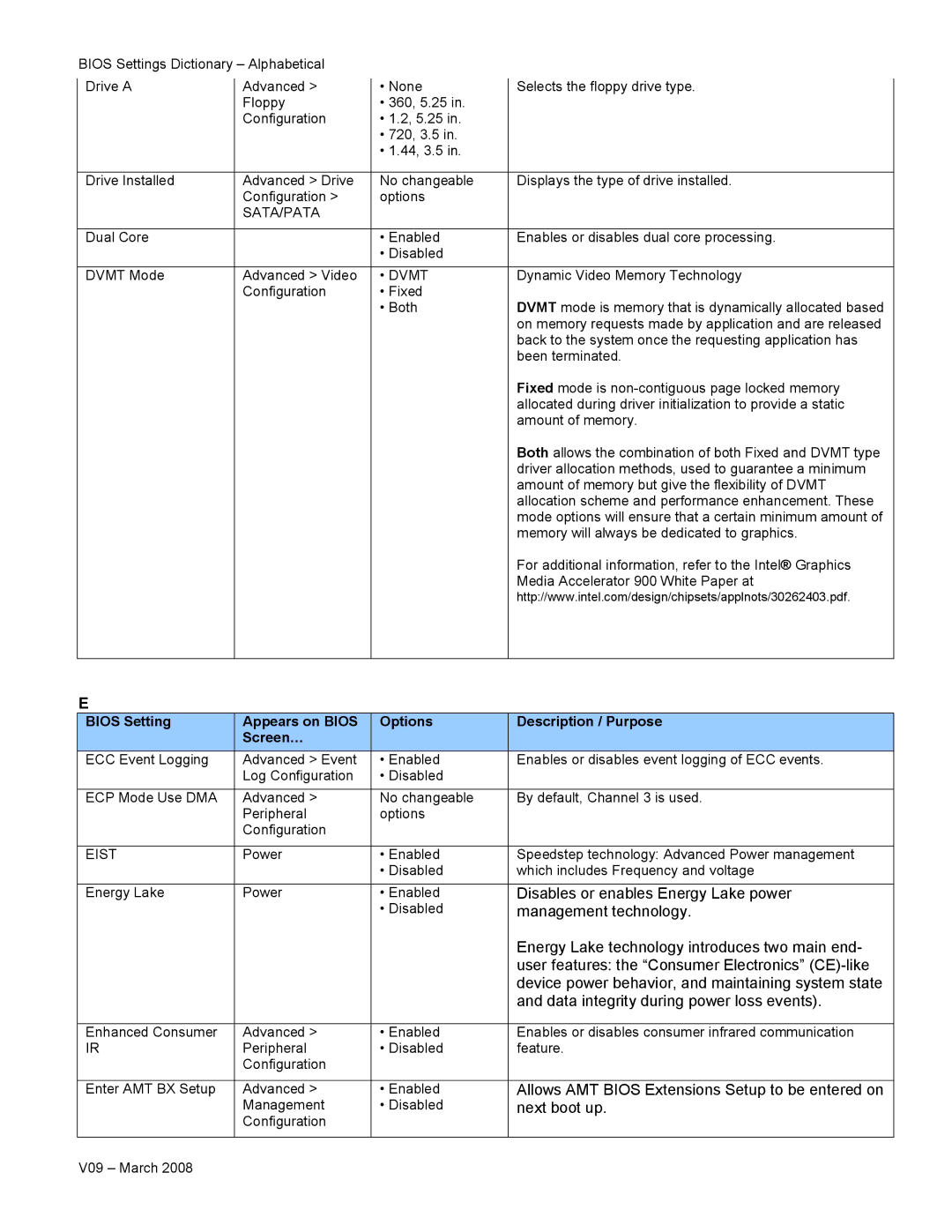 Intel V09 manual Dvmt, Eist 