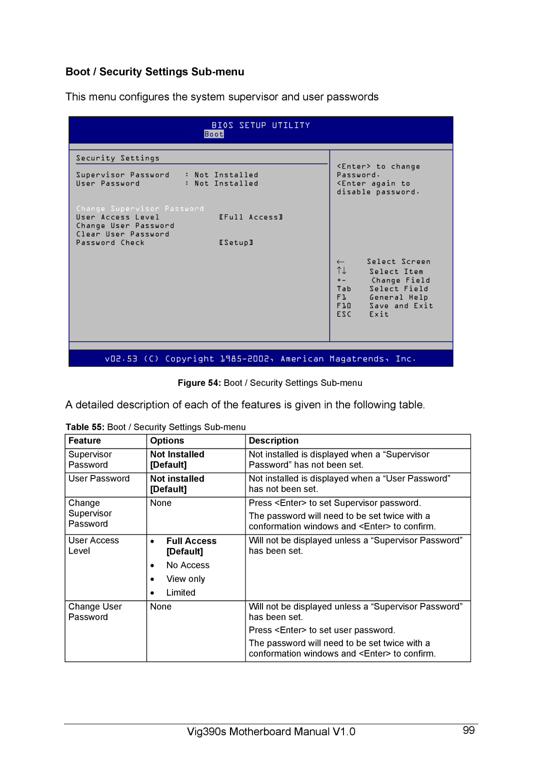 Intel Vig390s manual Boot / Security Settings Sub-menu, Not Installed, Full Access, Change Supervisor Password 