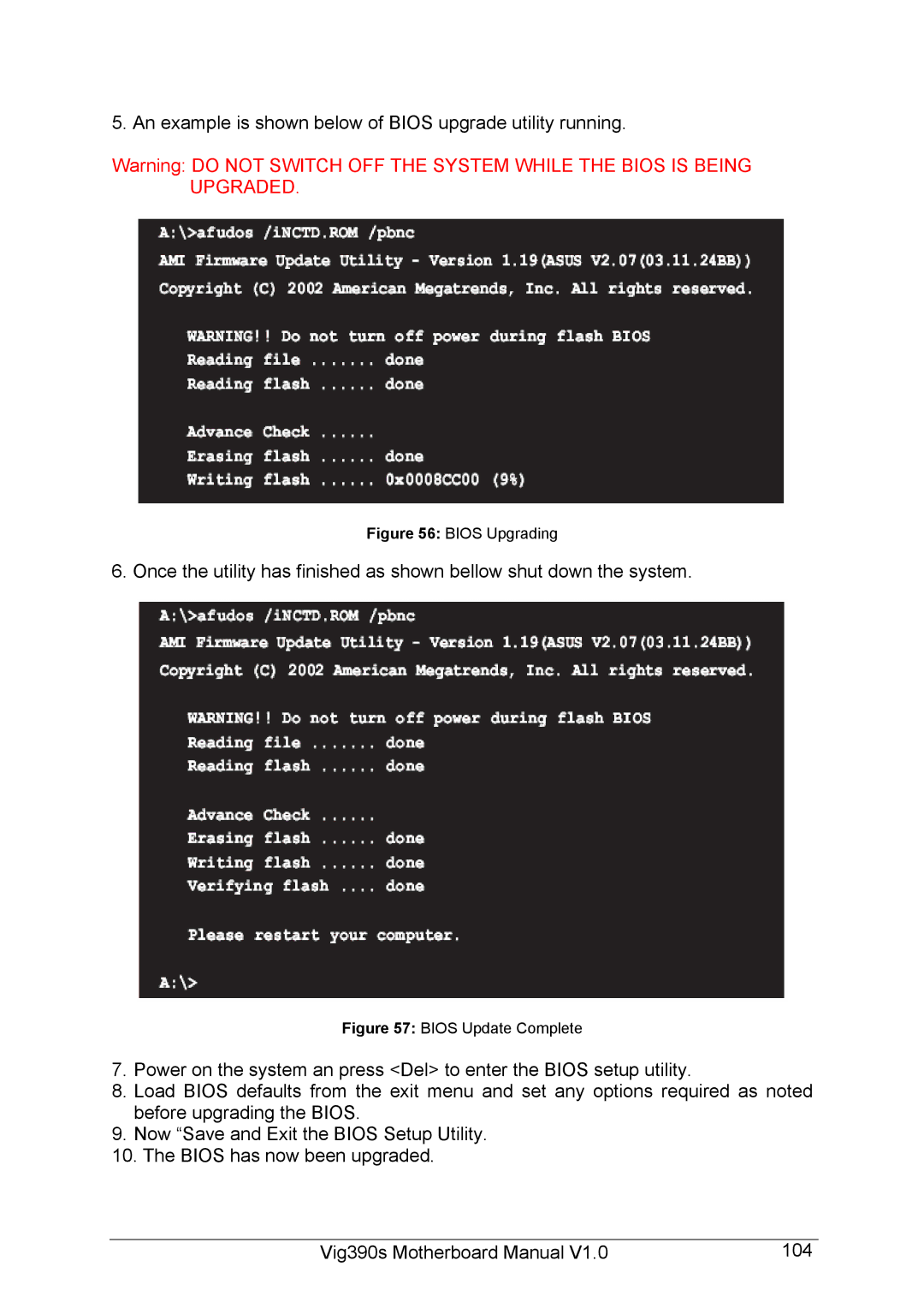 Intel Vig390s manual An example is shown below of Bios upgrade utility running, Bios Upgrading 