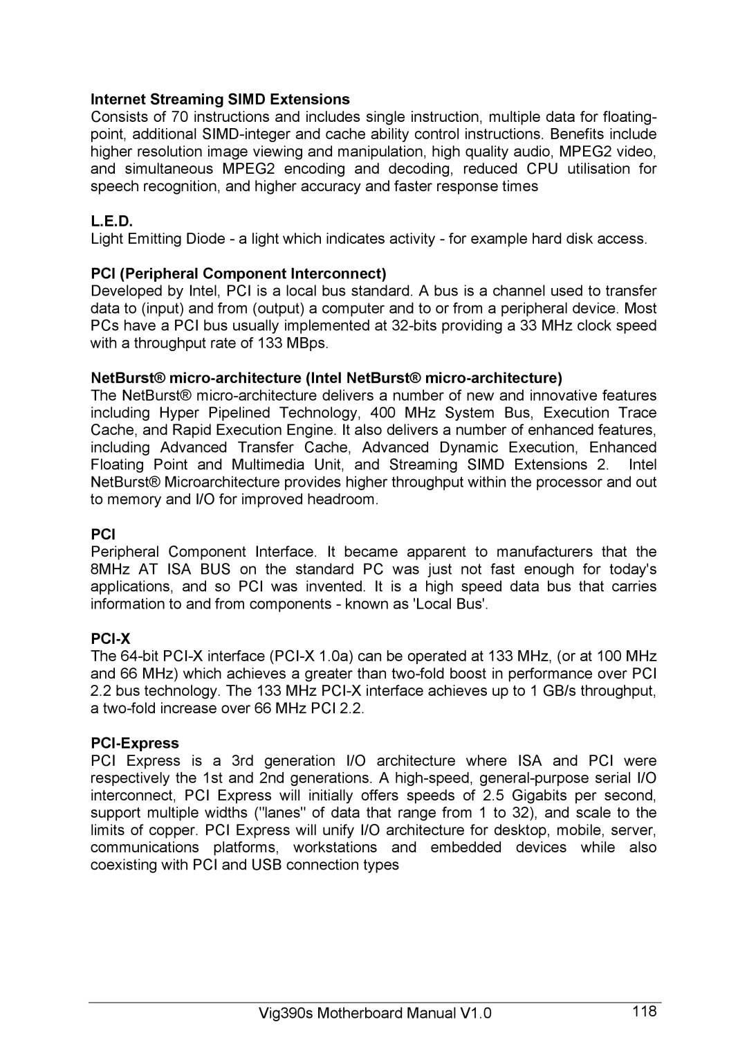 Intel Vig390s manual Internet Streaming Simd Extensions, PCI Peripheral Component Interconnect, PCI-Express 