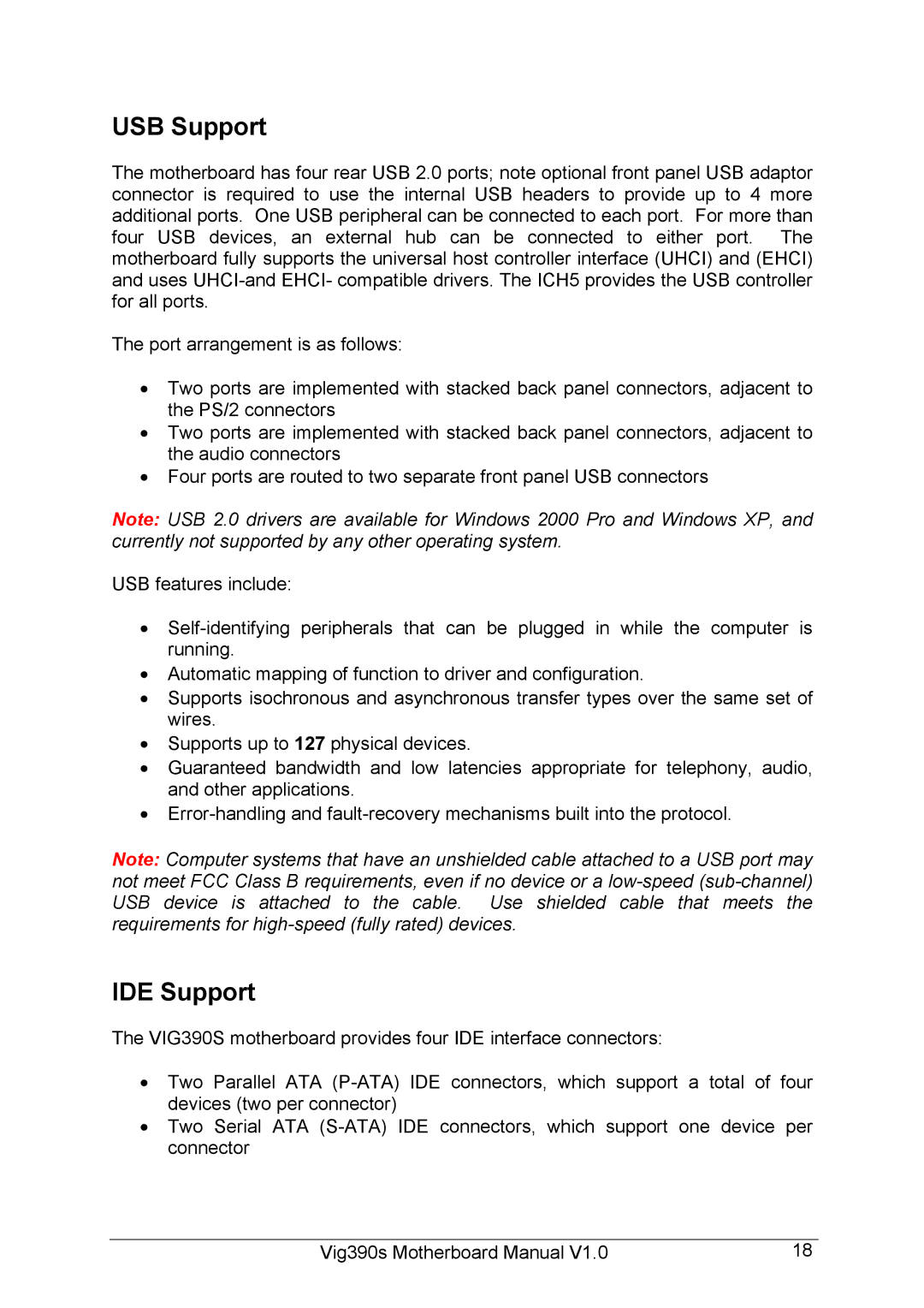 Intel Vig390s manual USB Support, IDE Support 