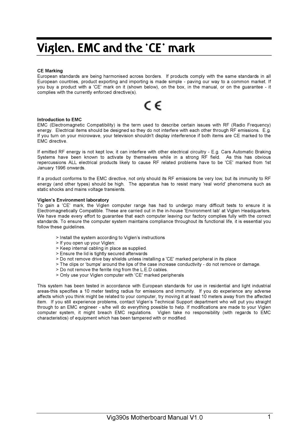 Intel manual Viglen, EMC and the ‘CE’ mark, Vig390s Motherboard Manual 