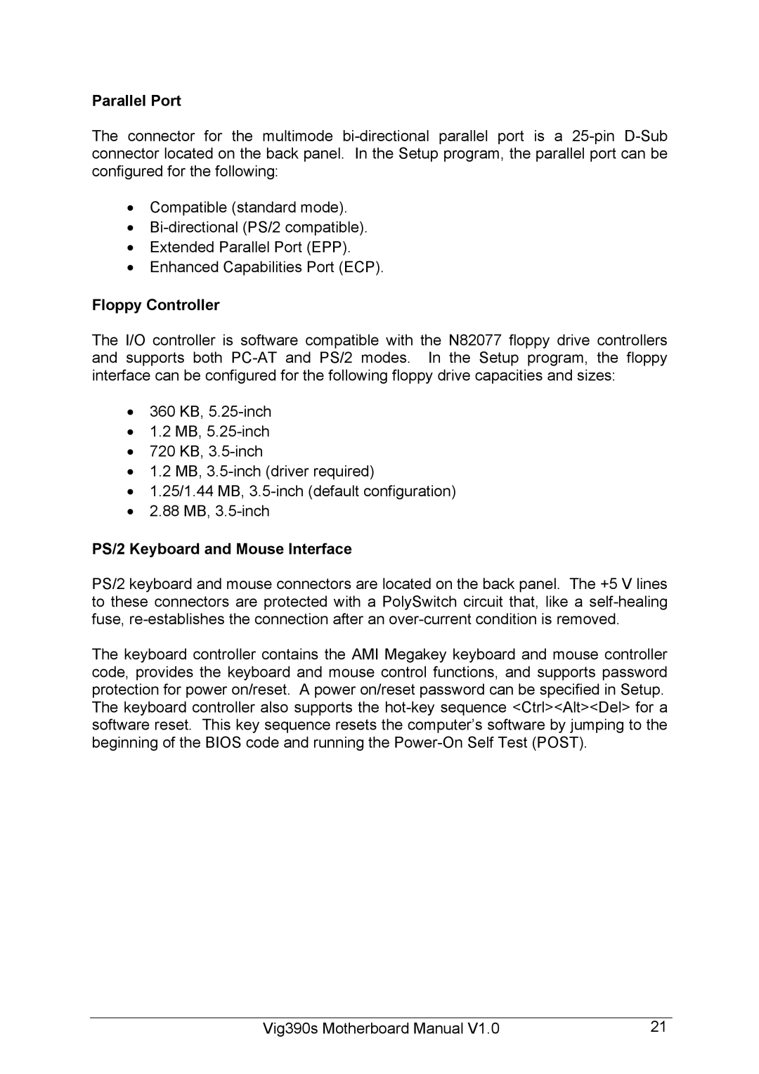 Intel Vig390s manual Parallel Port, Floppy Controller, PS/2 Keyboard and Mouse Interface 