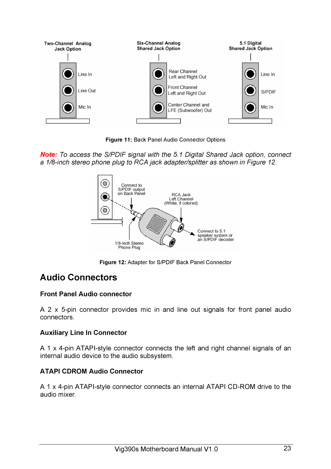 Intel Vig390s Audio Connectors, Front Panel Audio connector, Auxiliary Line In Connector, Atapi Cdrom Audio Connector 