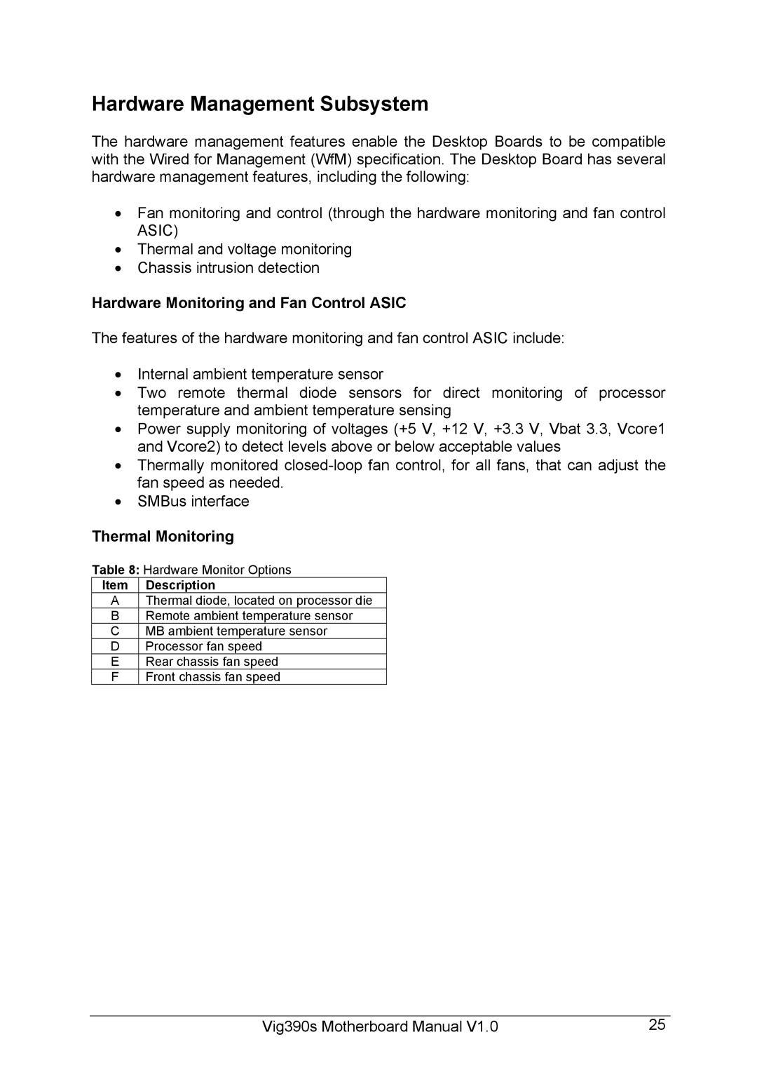 Intel Vig390s manual Hardware Management Subsystem, Hardware Monitoring and Fan Control Asic, Thermal Monitoring 