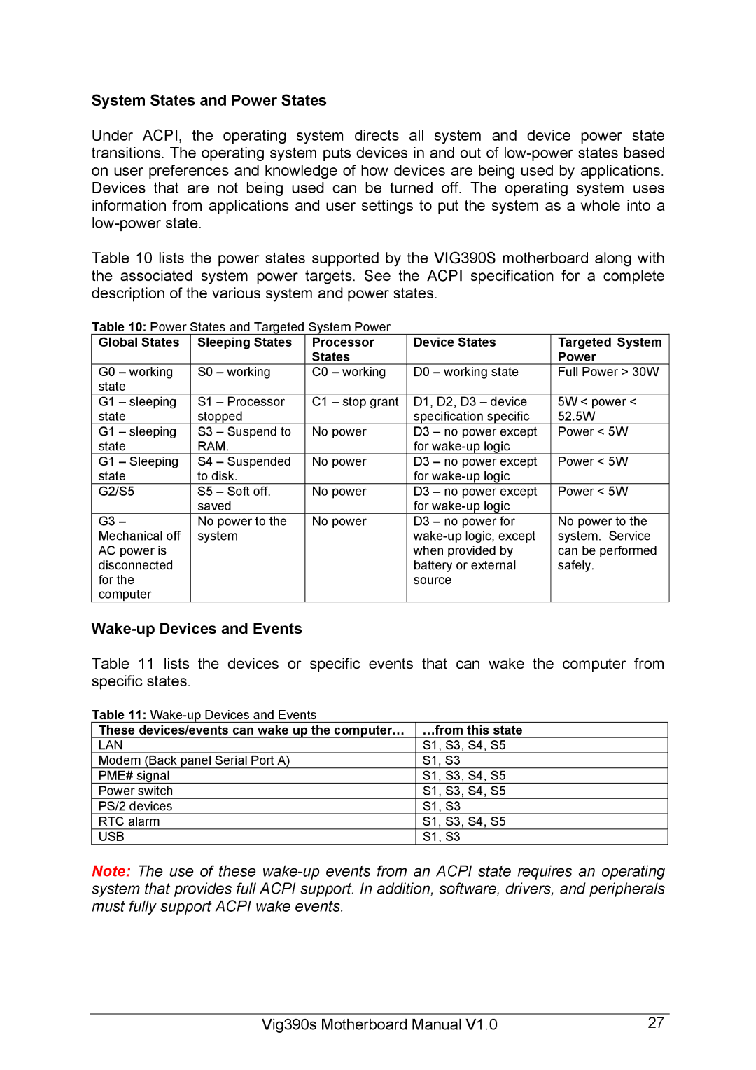 Intel Vig390s manual System States and Power States, Wake-up Devices and Events 