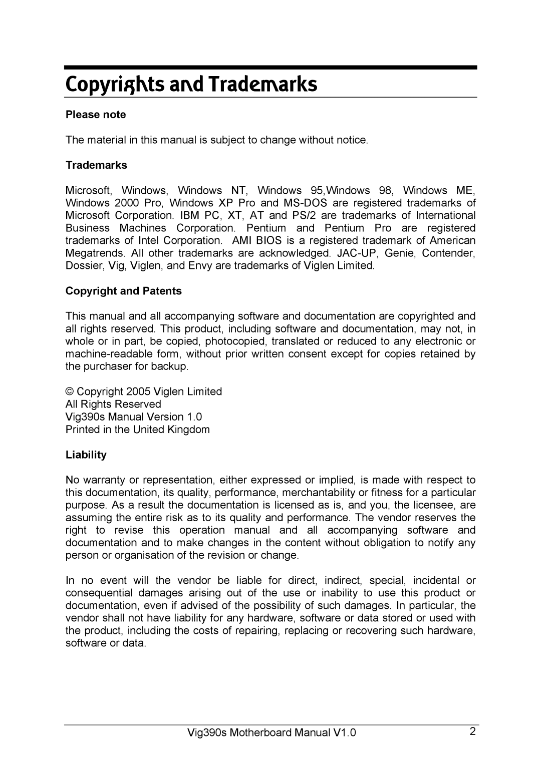 Intel Vig390s Please note, Material in this manual is subject to change without notice, Trademarks, Copyright and Patents 