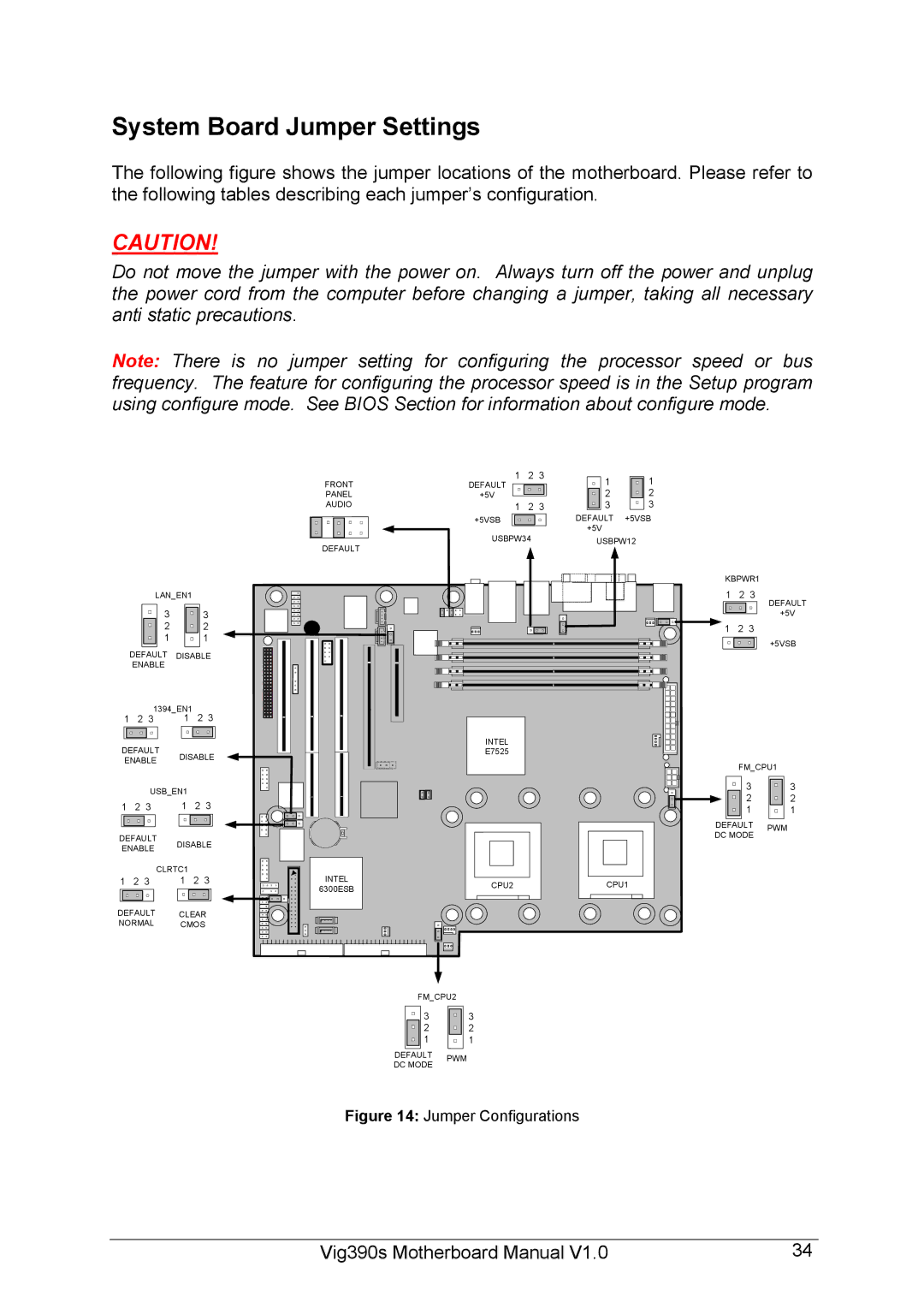 Intel Vig390s manual System Board Jumper Settings, Jumper Configurations 