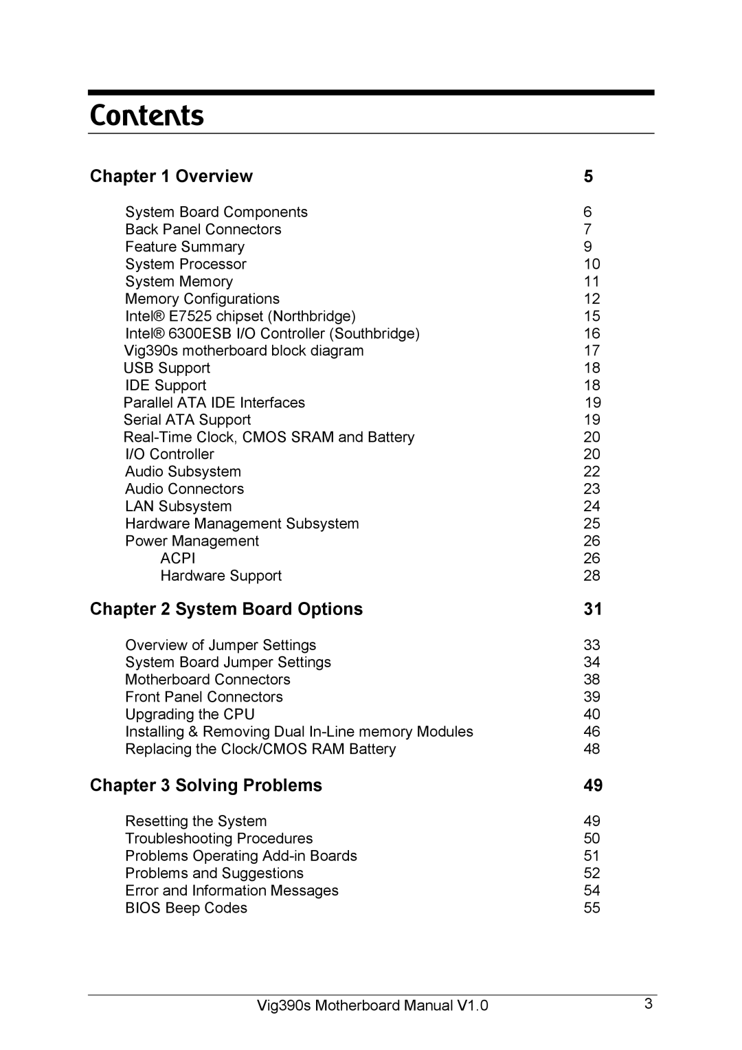 Intel Vig390s manual Contents 