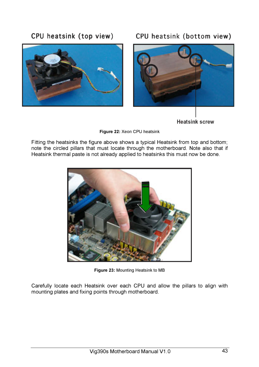 Intel Vig390s manual Xeon CPU heatsink 