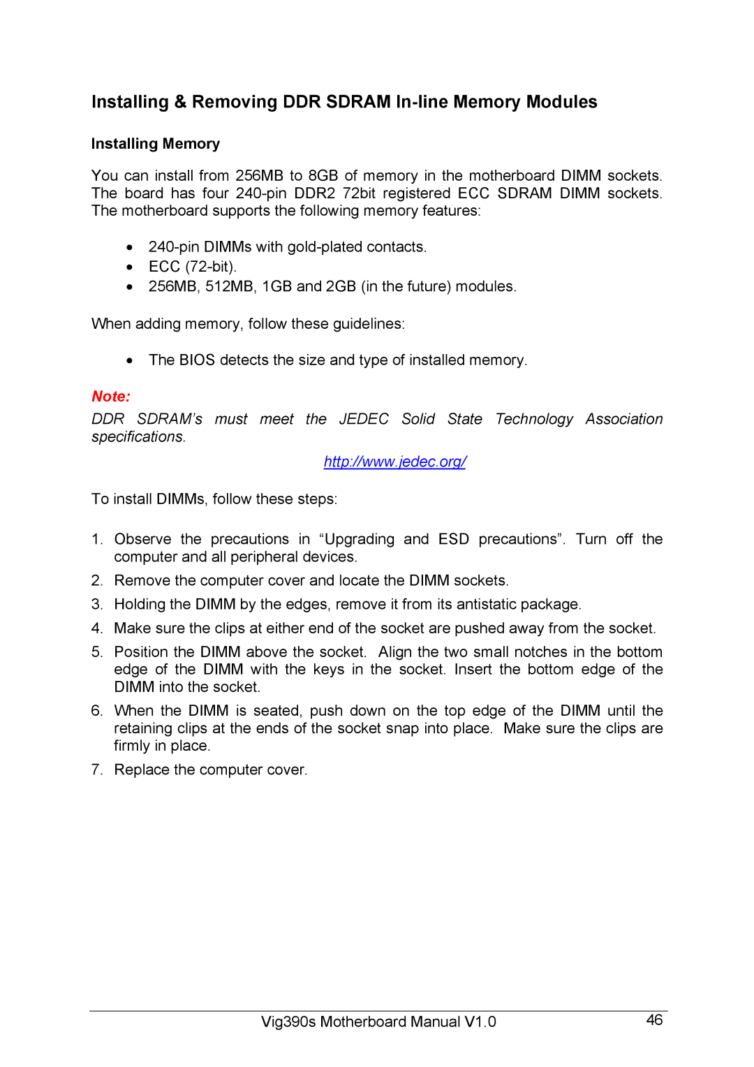 Intel Vig390s manual Installing & Removing DDR Sdram In-line Memory Modules, Installing Memory 