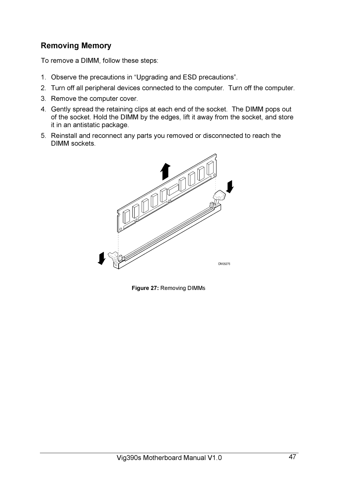 Intel Vig390s manual Removing Memory, Removing DIMMs 