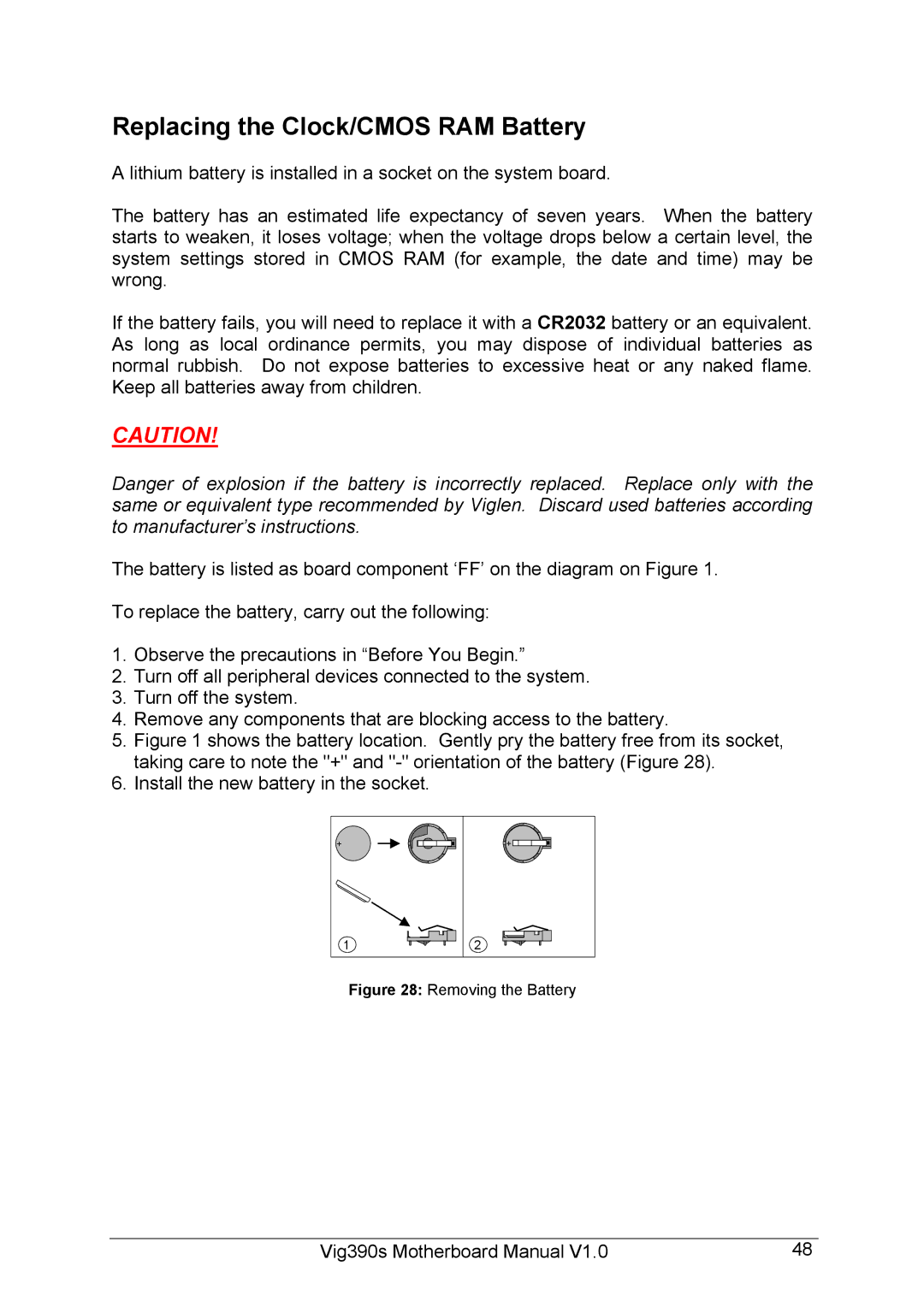 Intel Vig390s manual Replacing the Clock/CMOS RAM Battery, Removing the Battery 