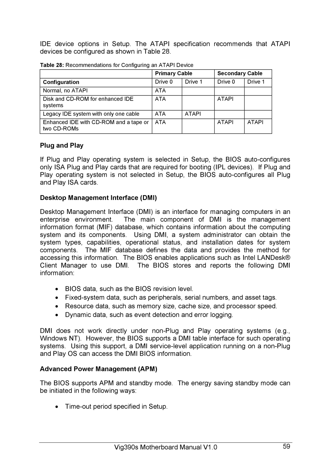 Intel Vig390s manual Plug and Play, Desktop Management Interface DMI, Advanced Power Management APM 