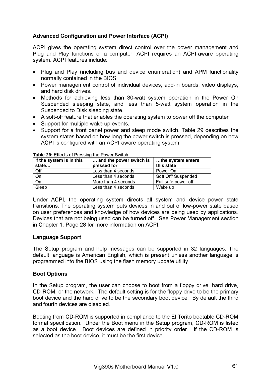 Intel Vig390s manual Advanced Configuration and Power Interface Acpi, Language Support, Boot Options 