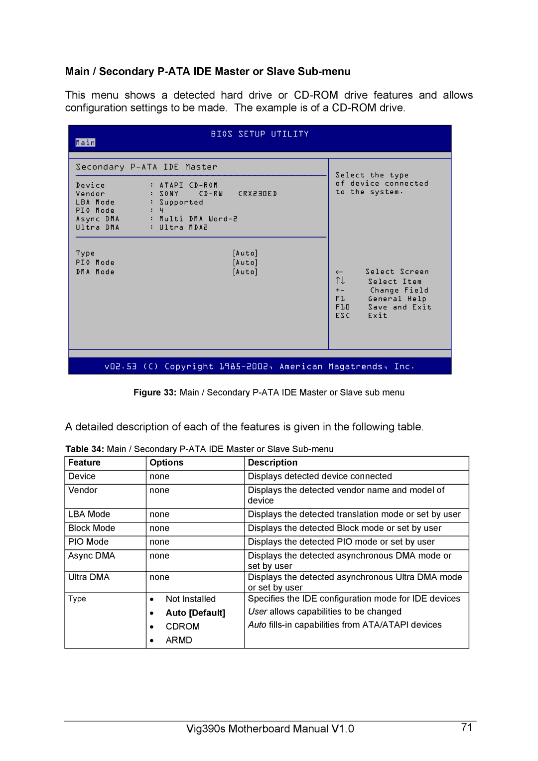 Intel Vig390s manual Main / Secondary P-ATA IDE Master or Slave Sub-menu 