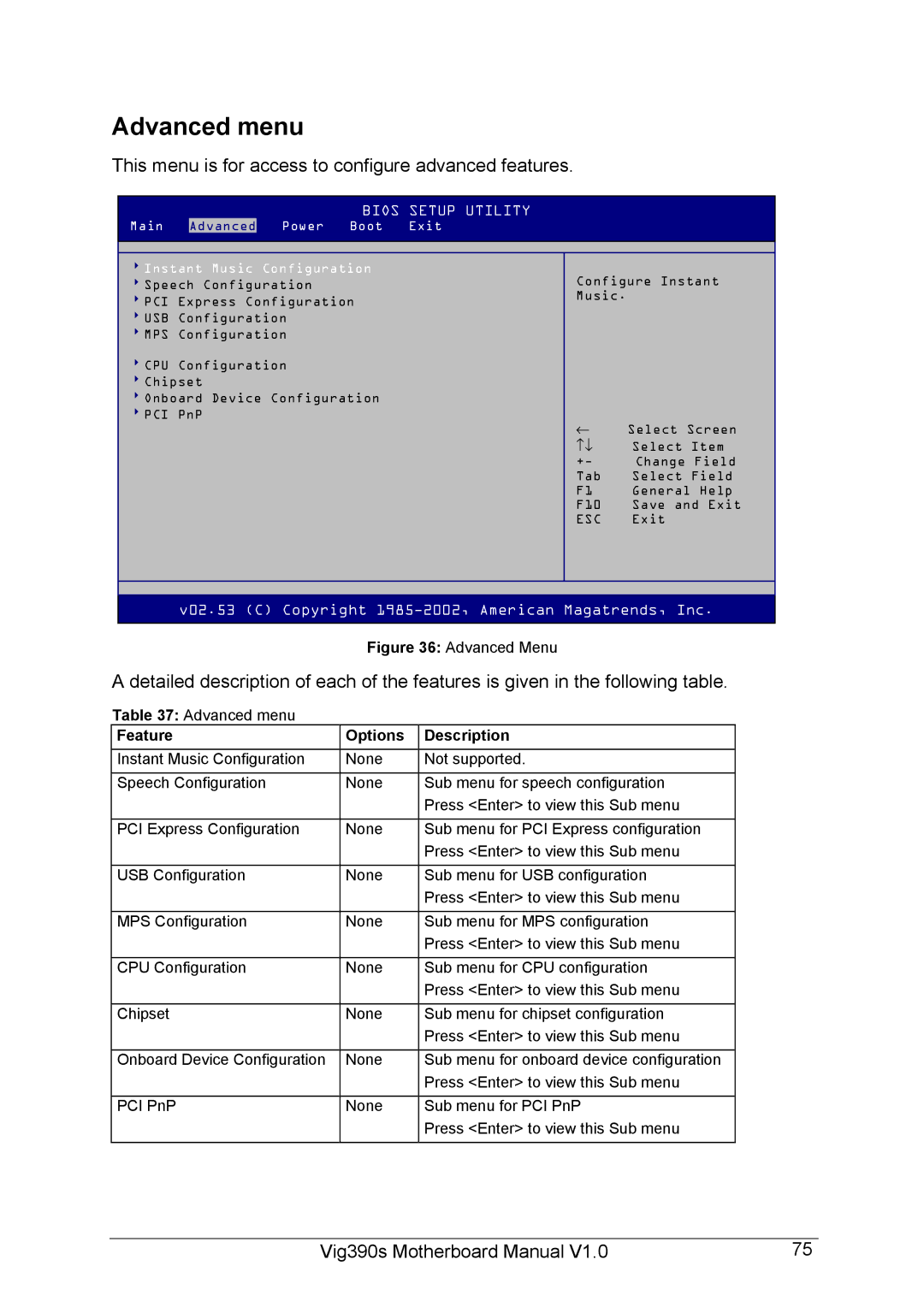 Intel Vig390s manual Advanced menu, This menu is for access to configure advanced features, Main 