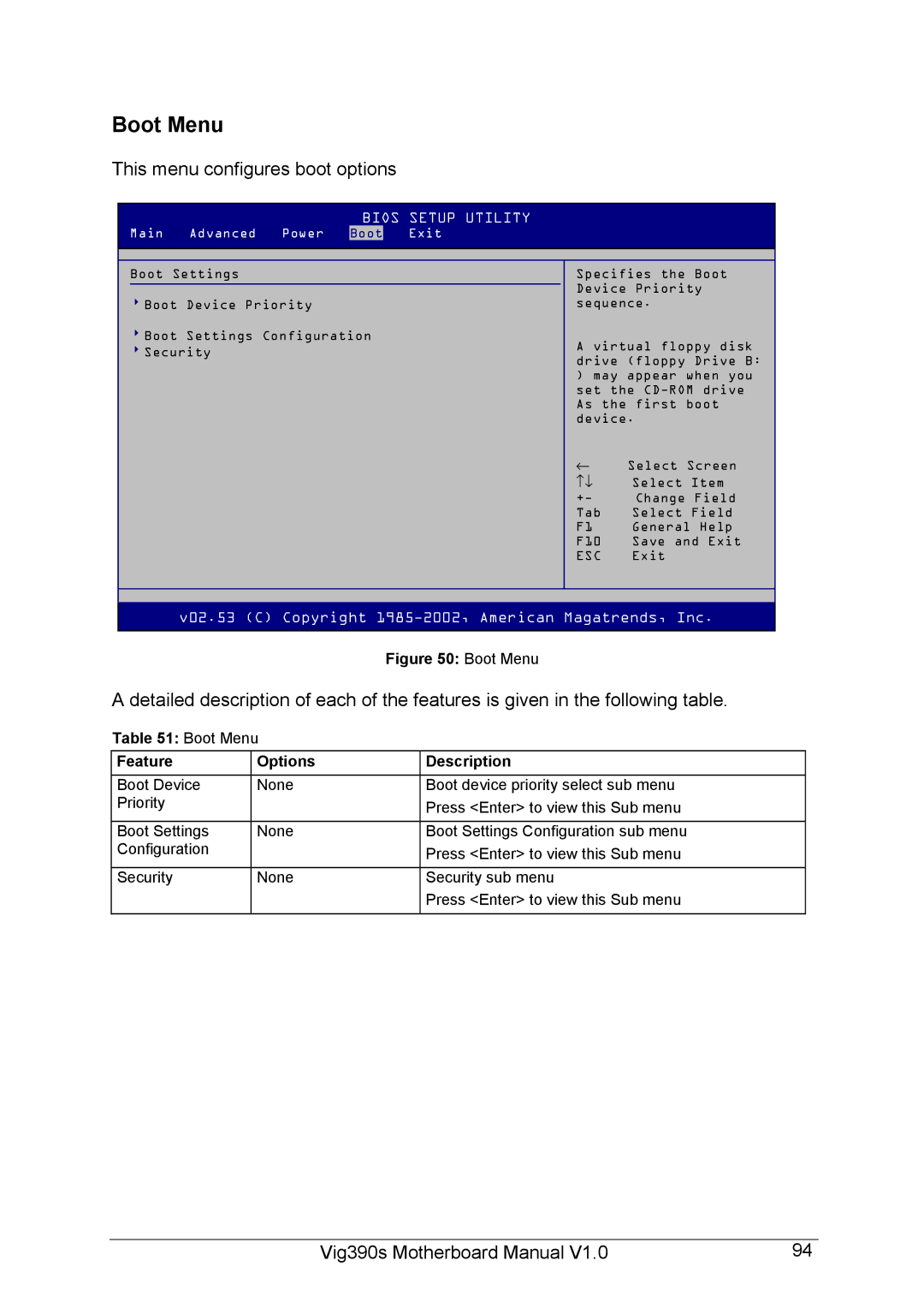 Intel Vig390s manual This menu configures boot options, Boot Menu Feature Options Description, Main Advanced Power 