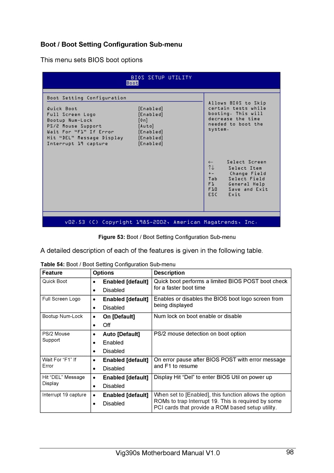 Intel Vig390s manual Boot / Boot Setting Configuration Sub-menu, This menu sets Bios boot options, On Default 