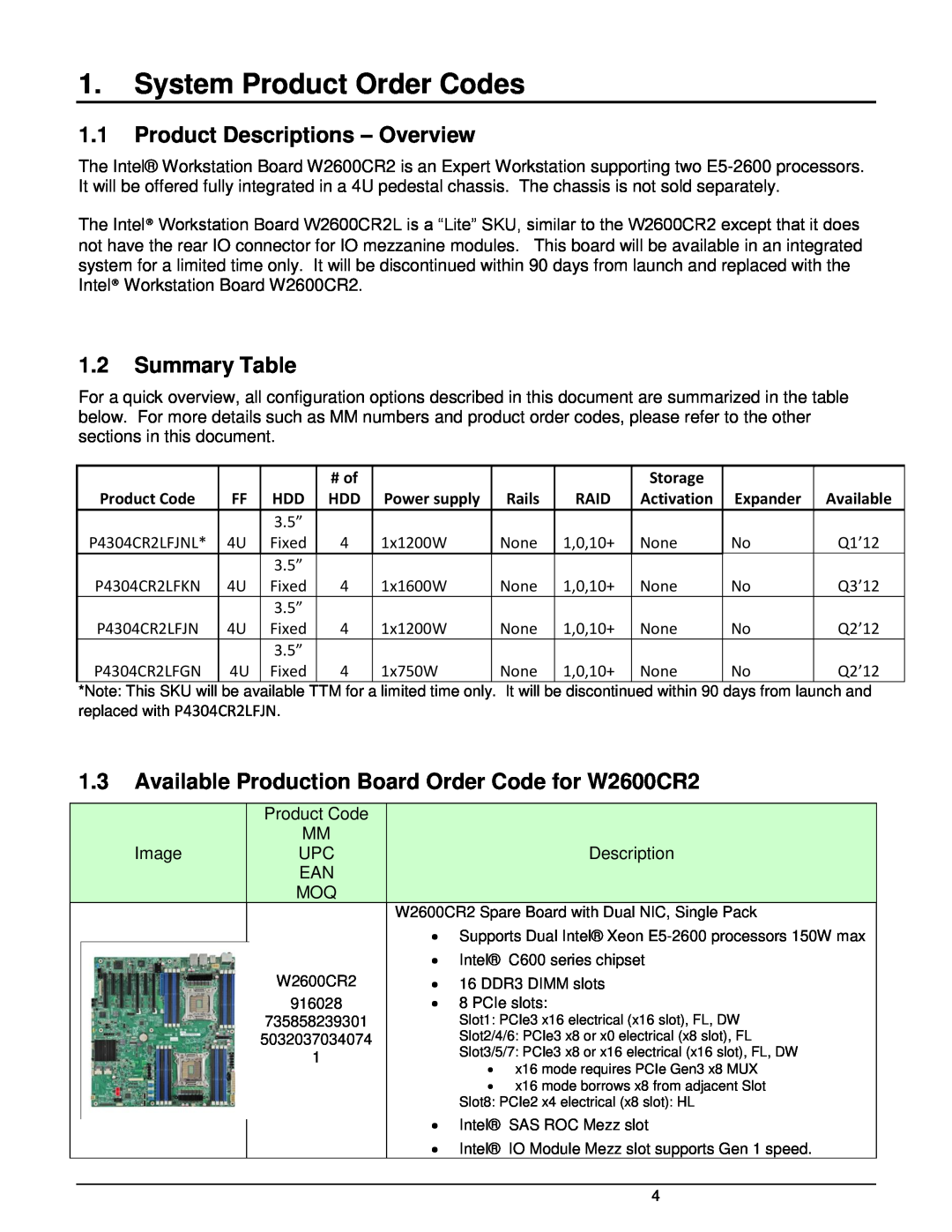 Intel W2600CR2 System Product Order Codes, 1.1Product Descriptions - Overview, 1.2Summary Table, # of, Storage, Rails 