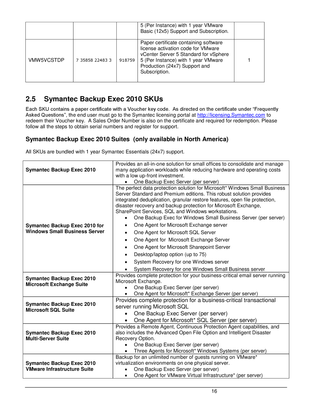 Intel W2600CR2 manual Symantec Backup Exec 2010 SKUs, Server running Microsoft SQL, ∙ One Backup Exec Server per server 