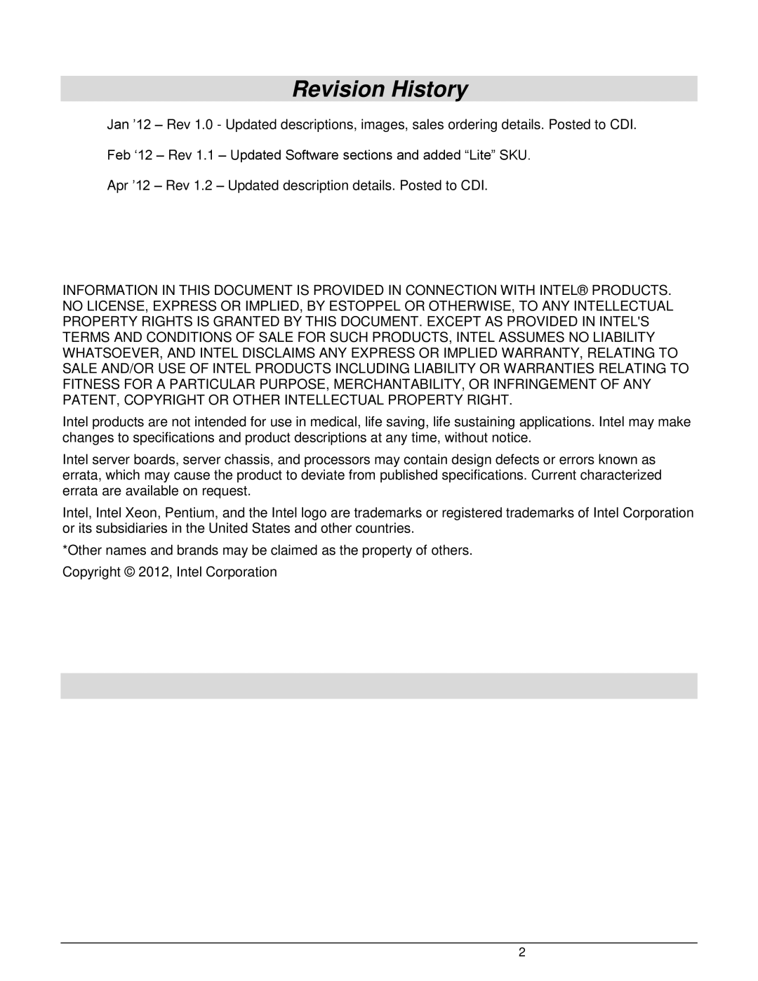 Intel W2600CR2 manual Revision History 