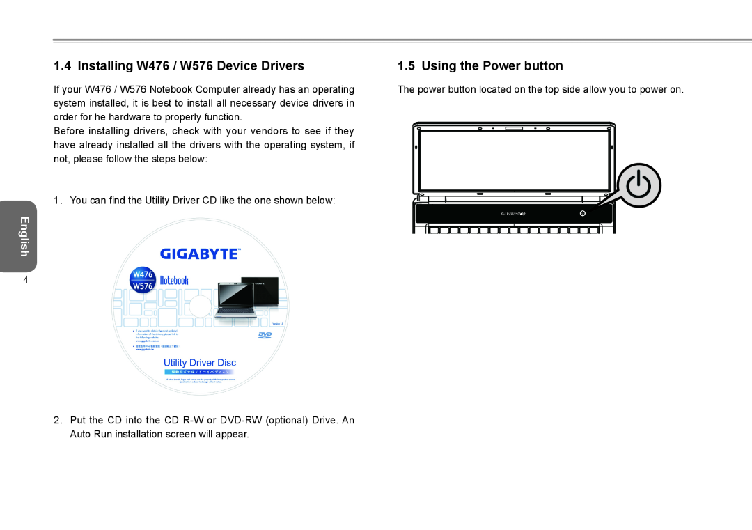 Intel user manual Installing W476 / W576 Device Drivers, Using the Power button, English 
