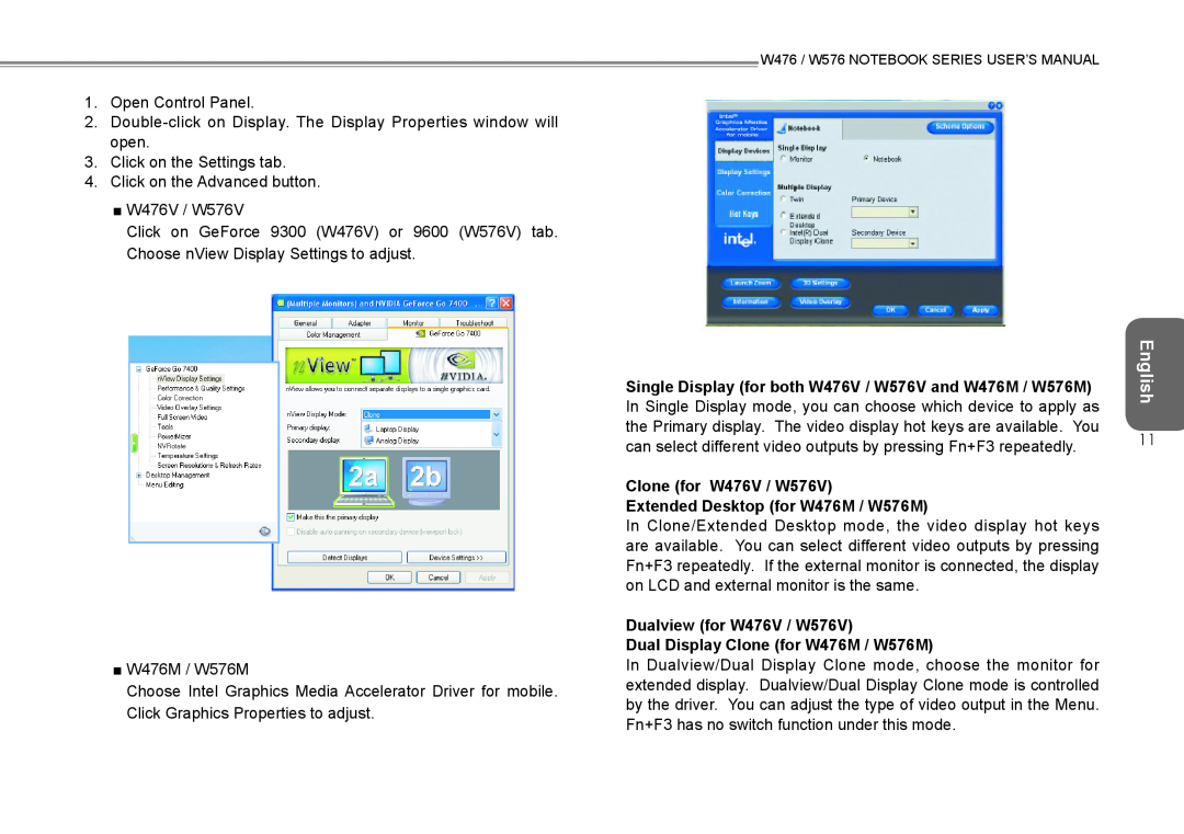 Intel user manual Clone for W476V / W576V, Extended Desktop for W476M / W576M, Dualview for W476V / W576V 