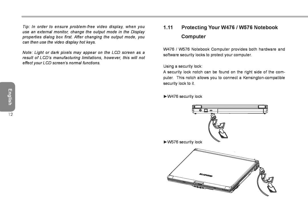 Intel user manual 1.11Protecting Your W476 / W576 Notebook Computer, English 