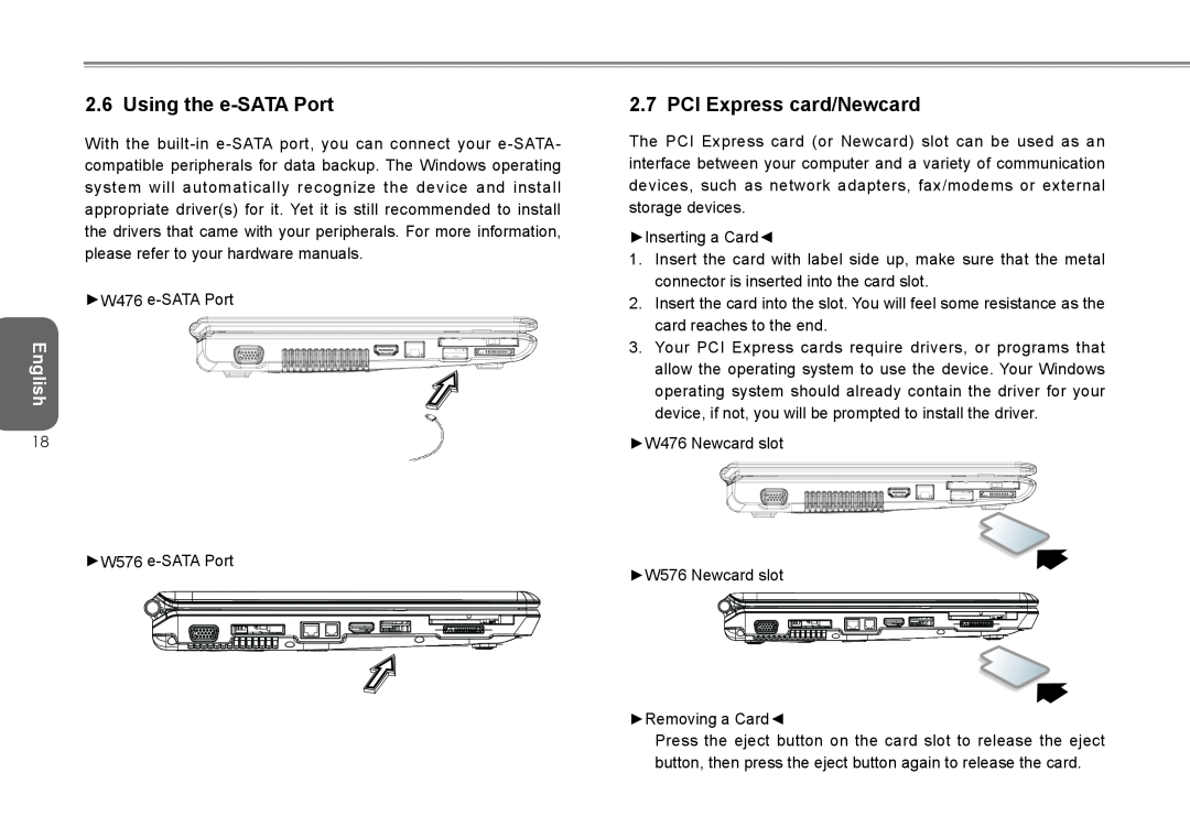 Intel W476, W576 user manual Using the e-SATAPort, PCI Express card/Newcard, English 