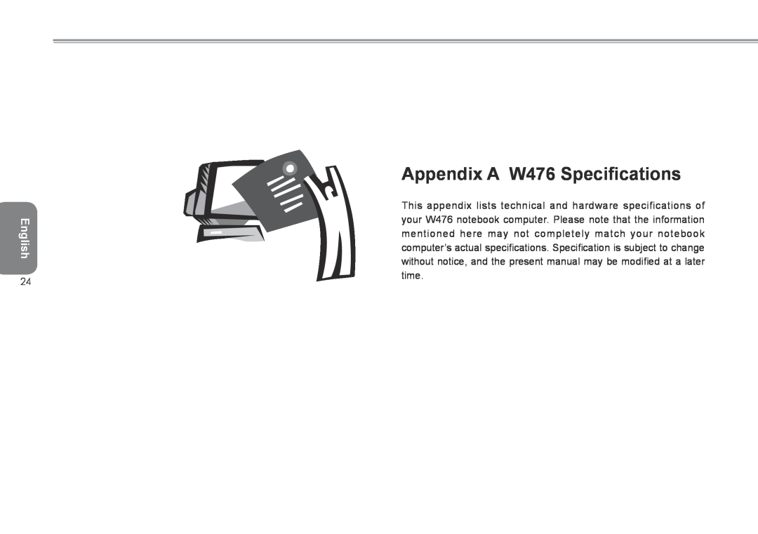 Intel W576 user manual Appendix A W476 Specifications, English 