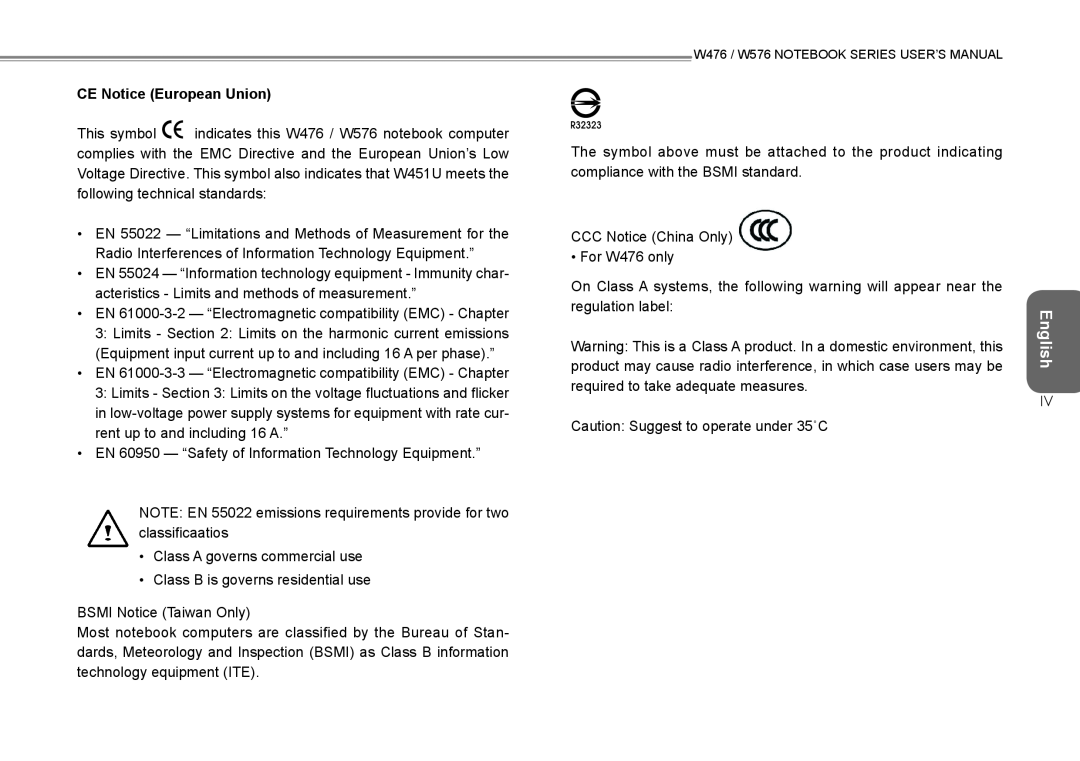 Intel W476, W576 user manual CE Notice European Union, English 