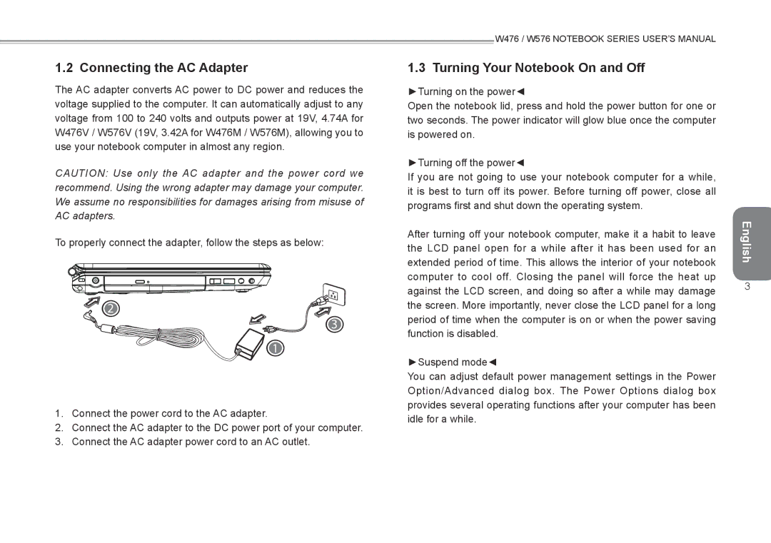 Intel W576, W476 user manual Connecting the AC Adapter, Turning Your Notebook On and Off 