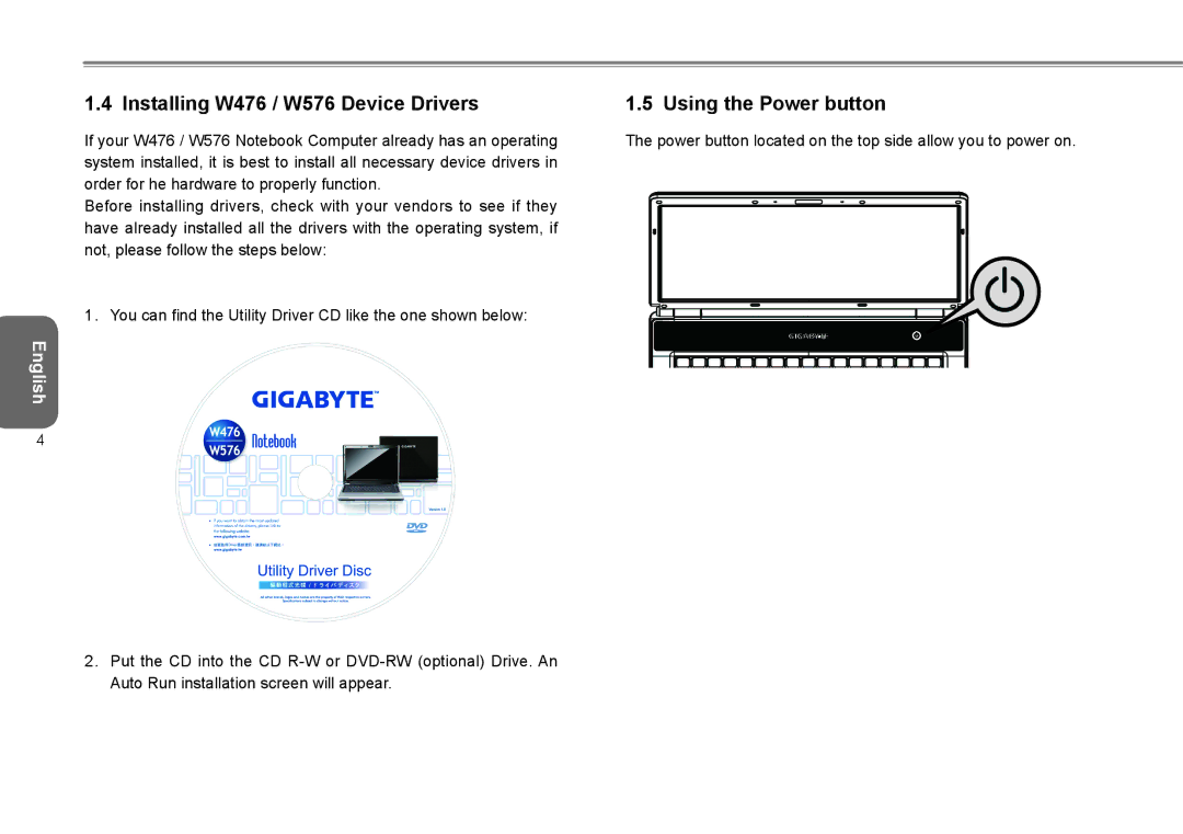 Intel user manual Installing W476 / W576 Device Drivers Using the Power button 