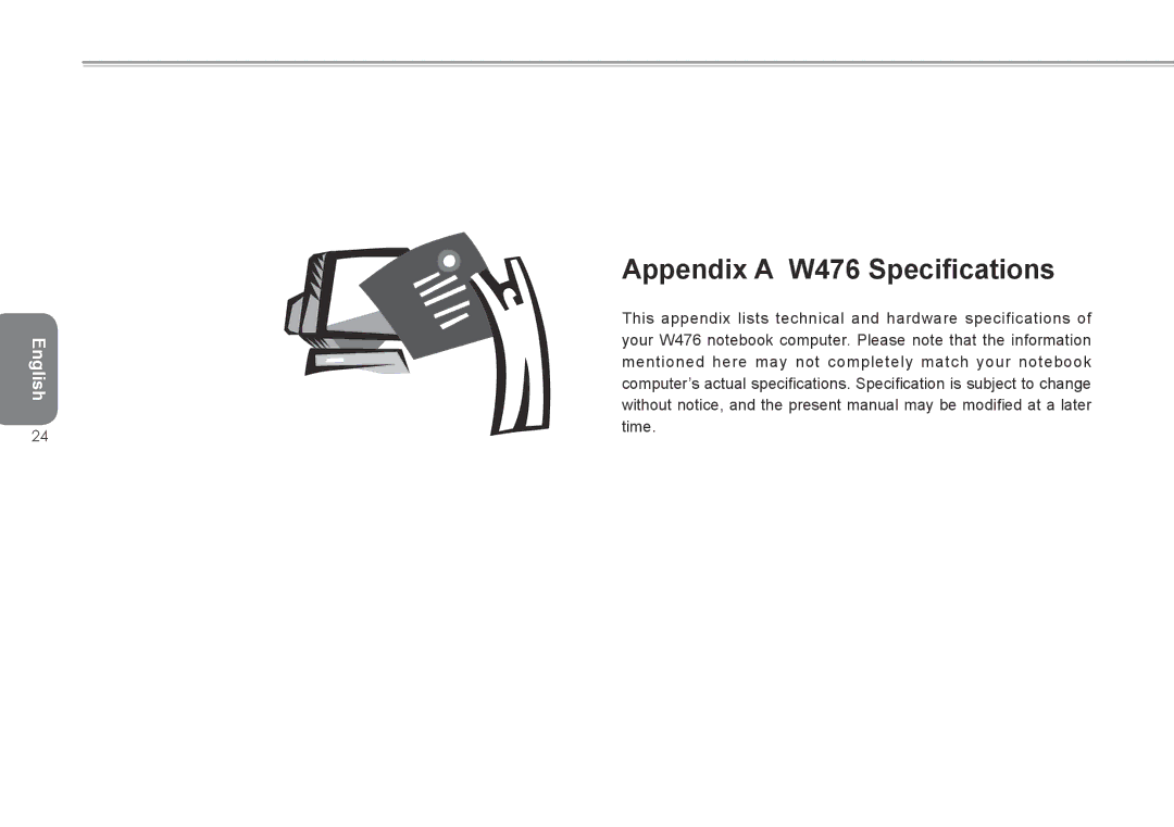 Intel W576 user manual Appendix a W476 Specifications 